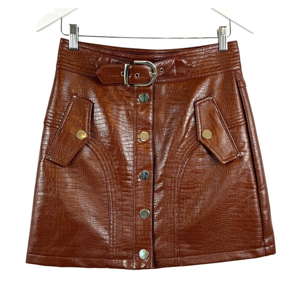 Topshop Women's US 6 Brown Croc Embossed Faux Leather Belted Mini Skirt